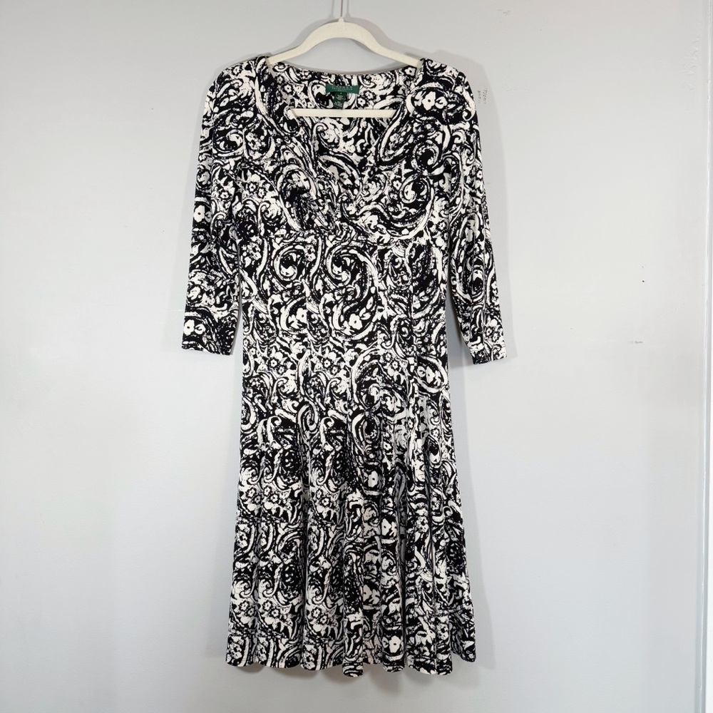 Lauren Ralph Lauren Paisley Print Jersey Knit Dress Size 6 Black White Stretch